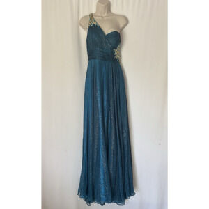 Cache Dress 10 Maxi Gown Formal Teal Studded Gems One Shoulder Aline Vtg